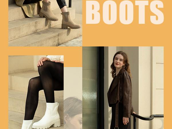 Athlefit Women's Chelsea Boots Fashion Lug Sole Chunky Heel Slip on Elastic Ankle Booties boots  women winter boots Shoes Casual Warm Faux Leather