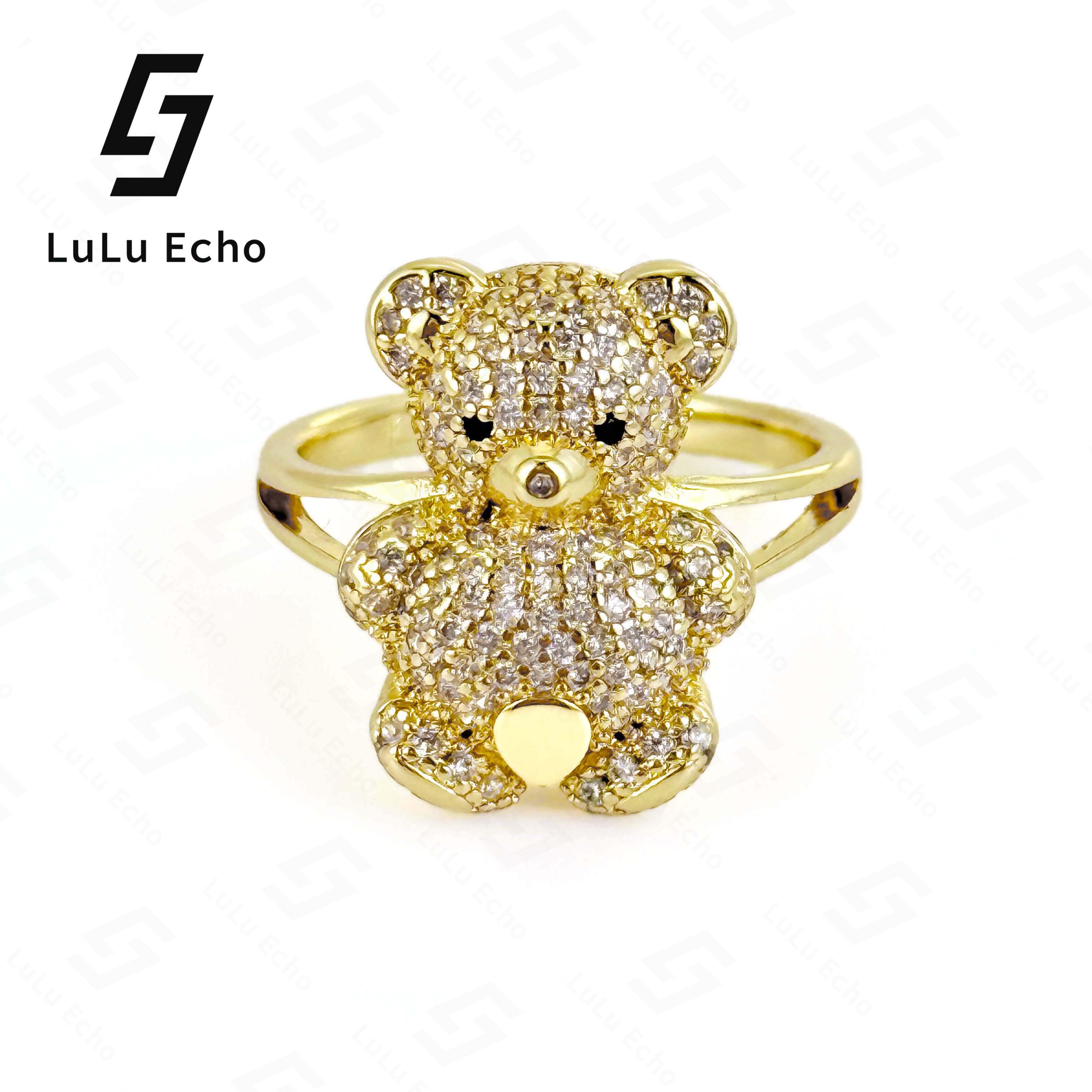 LuLuEcho XP Laminated 14KGold Plated Cluster Iced Out Rings Adorable Bear Design with Sparkling Details Versatile for Any Occasion Elegant Gift