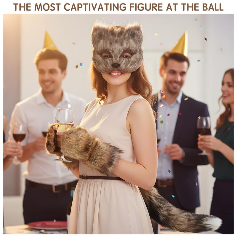 4Pcs Faux Fur Fox Costume Set with Plush Mask Fluffy Claw Gloves & Tail Perfect for Halloween Christmas and Costume Parties Ideal Gift for Children, Therian Gear