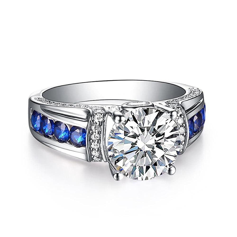 925 Sterling Silver 3CT Round Cut CZ Engagement Ring with Channel-Set Blue Sapphire Accents, Split Shank Promise Ring for Women, Hypoallergenic Bridal Jewelry
