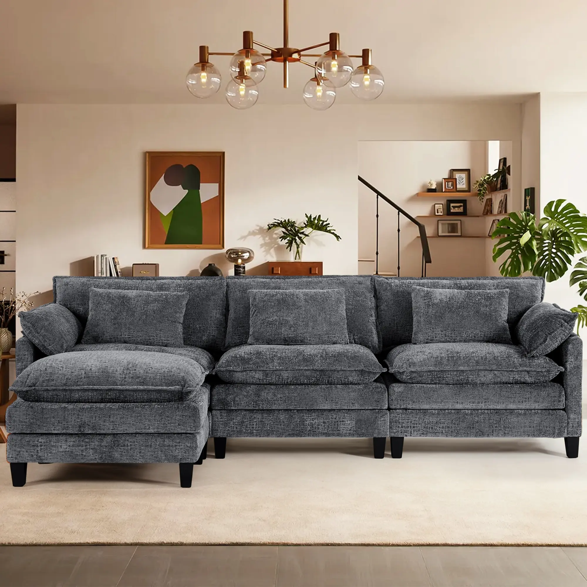 JONPONY 111" Modular Cloud Couch, L Shaped Sectional Sofa with Movable Ottoman,3 Oversized Seats Sleeper Couches for Living Room, Apartment