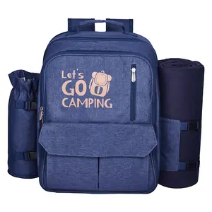Beach Picnic Backpack Bag for 4 Person with Cooler Compartment Navy Blue