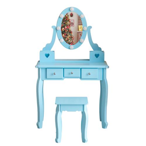 Karlhome Kids Vanity Set with Mirror and Lights and Stool, 5 Storage Drawers, Pretend Play Princess Makeup Desk Dressing Table and Stool Set for Little Girls Age 3+, Macaroon Pink