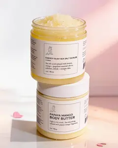 Travel Size Energy Rush Citrus Sea Salt Scrub + Papaya Mango Body Butter Gift Set Bundle l 4 oz ea