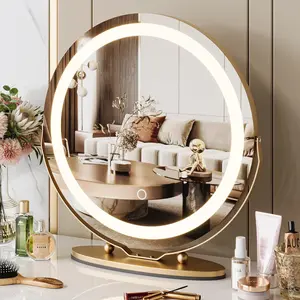 19 Inch Vanity Mirror with LED Lights, HD Makeup Mirror with Touch Control & 3 Color Lighting Modes, Round Desk Mirror, 360°Rotation, for Bedroom Tabletop, Easy to Install (Gold)