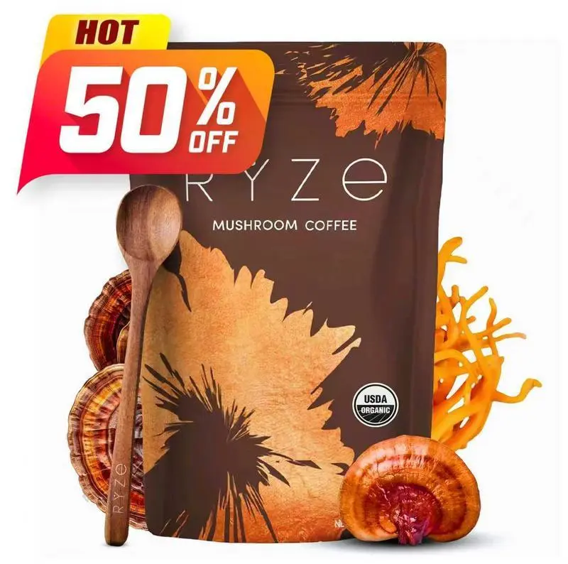 RYZE Mushroom Coffee USDA Organic with 6 Adaptogenic Mushrooms and MCT Oil TY USA Grown Instant Coffee for Better Energy, Focus, Digestion, Immunity with Turkey Tail, Shitake, Lion's Mane, 30 Servings Vitamin