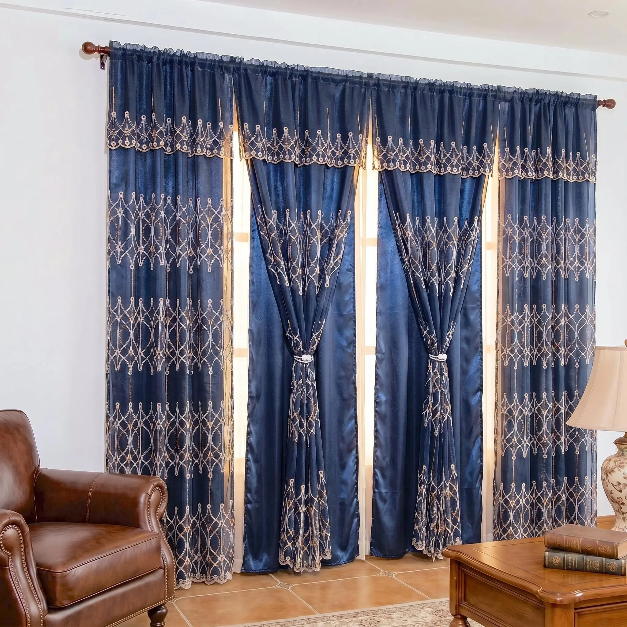 Elegant Embroidered Blackout Curtains 4 Panels Set 52x84 Inch with Matching Valance 52x18, Luxury Vintage European Double Layer Drapes with Satin Liner, Classic Rod Pocket Window Treatment, Traditional Decor for Living Room Bedroom Dining Mansion QF18