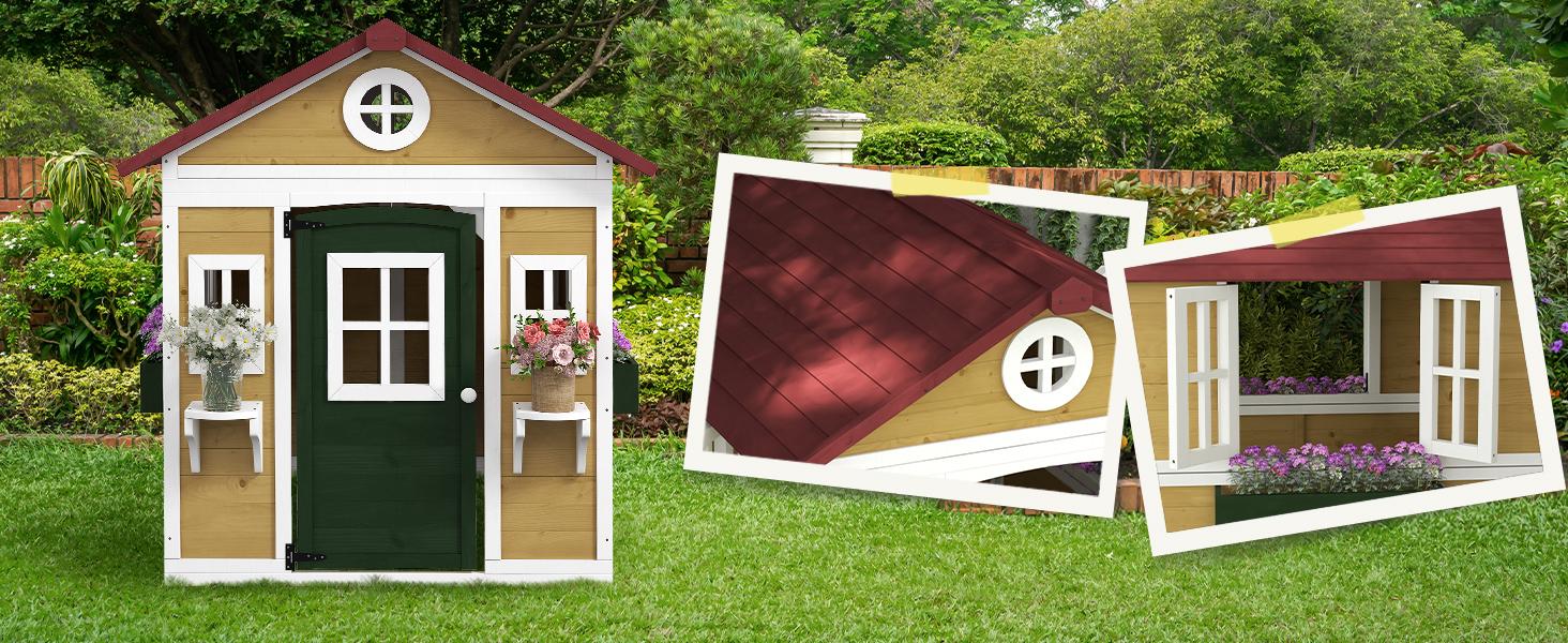 Outsunny Playhouse for Kids Outdoor, Country Style Wooden Playhouse with Flower Pot Holders, Working Door, Windows, Service Stations for 3-7 Years