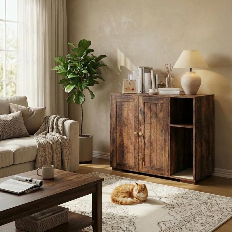 Large Robot Enclosure Cabinet, Cat Litter Box Furniture with Built-in Power Outlet, Dog-Proof Storage Shelf, Non-Slip Mat, 5 Ft Cord, Fits Automatic Self-Cleaning Litter Boxes, Easy Assembly, Brown