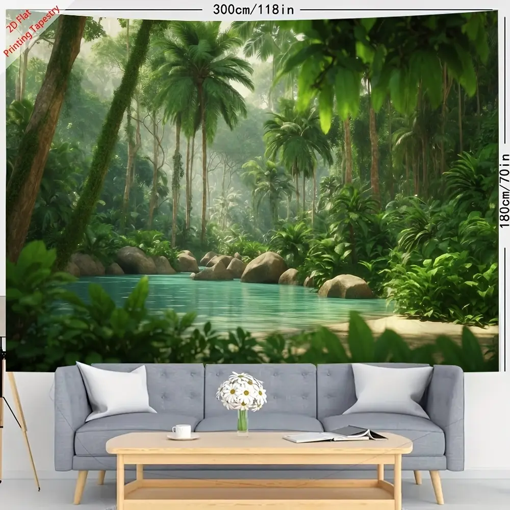 1pc Rectangular Polyester Forest Scene Tapestry Wall Decor - 2D Flat Printing, 300x180cm Large Size, with Clips, for Living Room, Bedroom, Ideal Gift