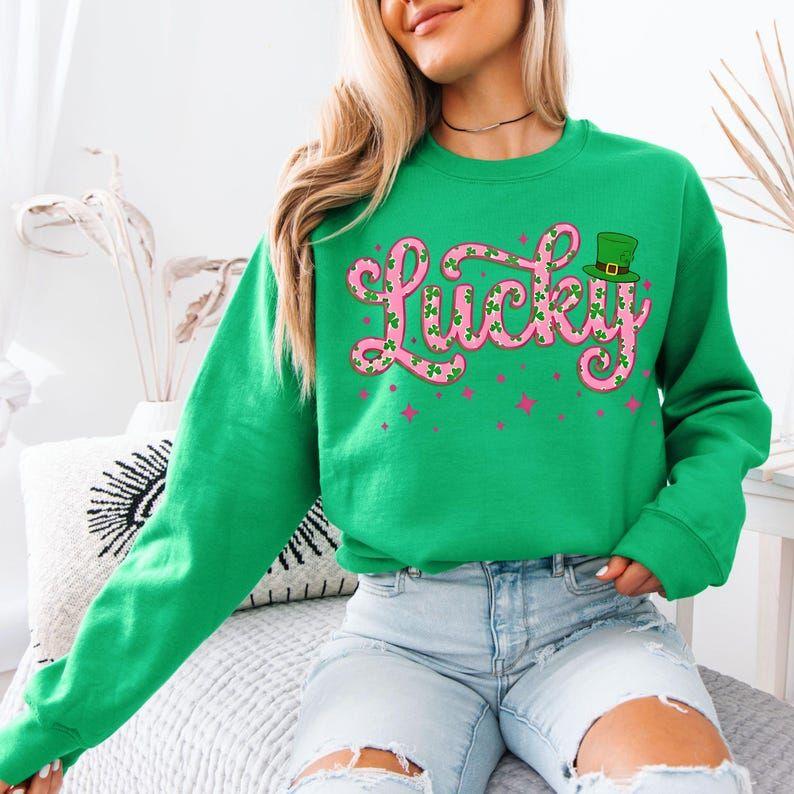 Lucky Sweatshirt/Hoodie/T-Shirt, St. Patrick’s Day Lucky Shirt, Pink Glitter Shamrock Lucky Graphic Tee, Leprechaun Hat Irish Clover Top, For Men and For Women
