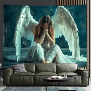 Tapestry  Alluring Angel Tapestry Wall Art - Elegant Angelic Design With White Wings, High-Quality Polyester Fabric, Perfect For Living Room, Bedroom, Office & Party Decor, Hand-Stitched Edges, Durable & Non-Fading, Inspirational Wall Decor