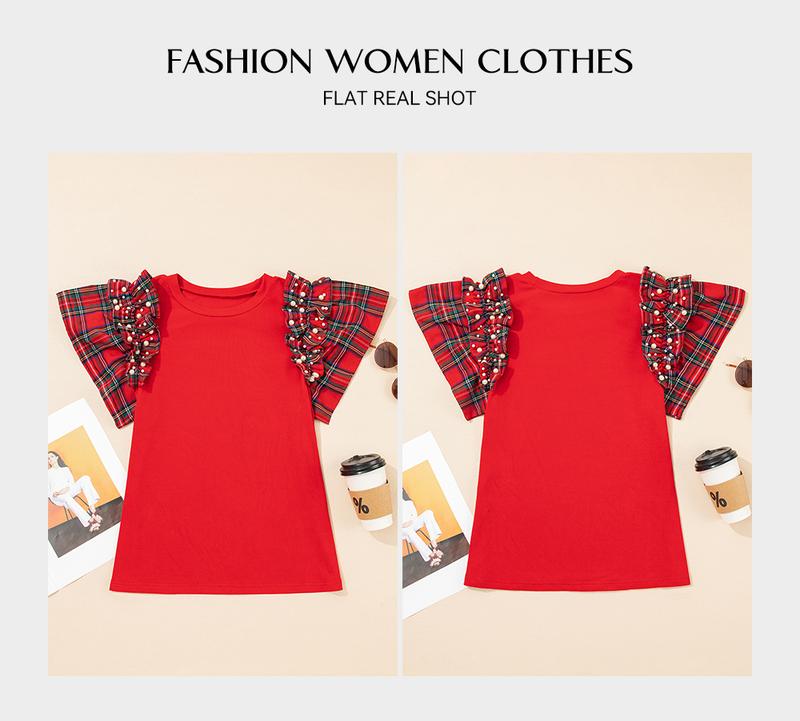 Asvivid Women's Cozy Red Plaid Top with Faux Pearl Ruffles Short Sleeve Loose T Shirt Tops,Perfect Holiday Vibe Christmas Outfit