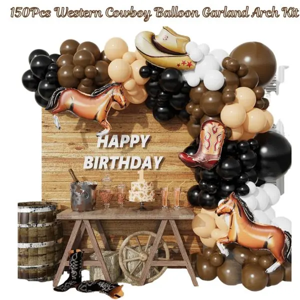 150PCS Cow Print Balloon Garland Arch Kit – Brown & Black Western Cowboy Party Balloons for Baby Shower, Farm Theme, Cowgirl Birthday Decor