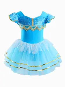 Girls’ Blue & Gold Sequined Princess Puffy Skirt – Children’s Ballet Dance Performance Costume