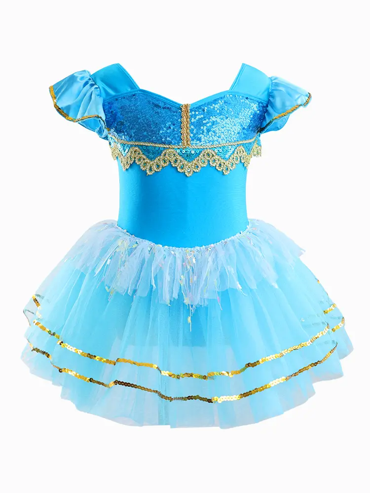 Girls' Puffy Princess Skirt with Blue & Gold Sequins, Lace Ballet Dance Costume with Slight Stretch, All-Season Wear for Ages 3-7 Years, Princess Puffy Skirt, 6-7Y, 3-4Y, 5 - 6 Years, All Seasons, Ballet Dance Performance, Contrast Binding