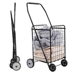 Foldable Shopping Grocery Cart with Rollers – Multi-Purpose Cart for Storage, Laundry, Reading, Luggage Travel & More, Compact & Portable Black Design, Sturdy Metal Frame for Heavy-Duty Use