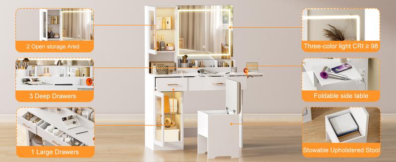 【Valentine's Day gift】Makeup Vanity Mirror with Light, Large Women Vanity Desk with Touch Screen Mirror Lights & Power Outlet, 4 Cabinet, 2 Shelves & 5 Drawers for Bedroom,[Gift Idea]