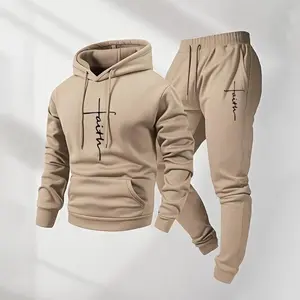 Men's Faith printed hoodie and drawstring sweatpants set, men's clothing, casual sports long sleeved hooded jacket and autumn/winter pants, men's daily clothing, indoor and outdoor sportswear, sportswear, sports and leisure summer clothing