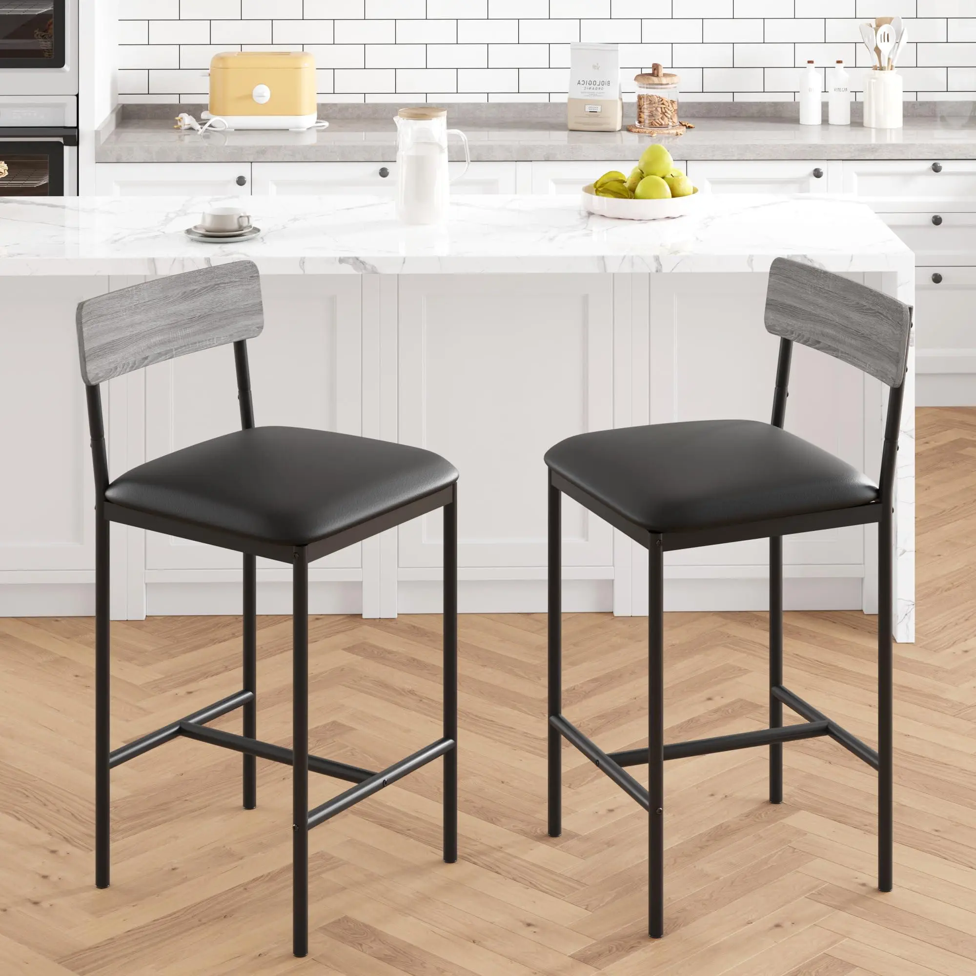 Set of 2 Bar Stools, Bar Stools with Backrest & Footrest, Retro Bar Stools with Footrest, Bistro Stool, 64 cm High, Kitchen Stool,Kitchen,Dining Room