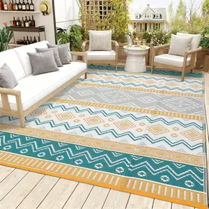 Modern Geometric Pattern Outdoor Rug Double-sided Foldable Plastic Straw Rug Large Size Outdoor Patio Decoration Rug Foldable and Easy to Carry for Balcony Gardens