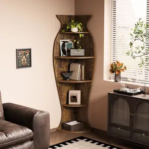 5-Tier Vase-Shaped Corner Shelf, Rustic Wood Corner Bookshelf Organizer for Living Room, Bedroom and Office, Freestanding Corner Bookcase for Storage and Display