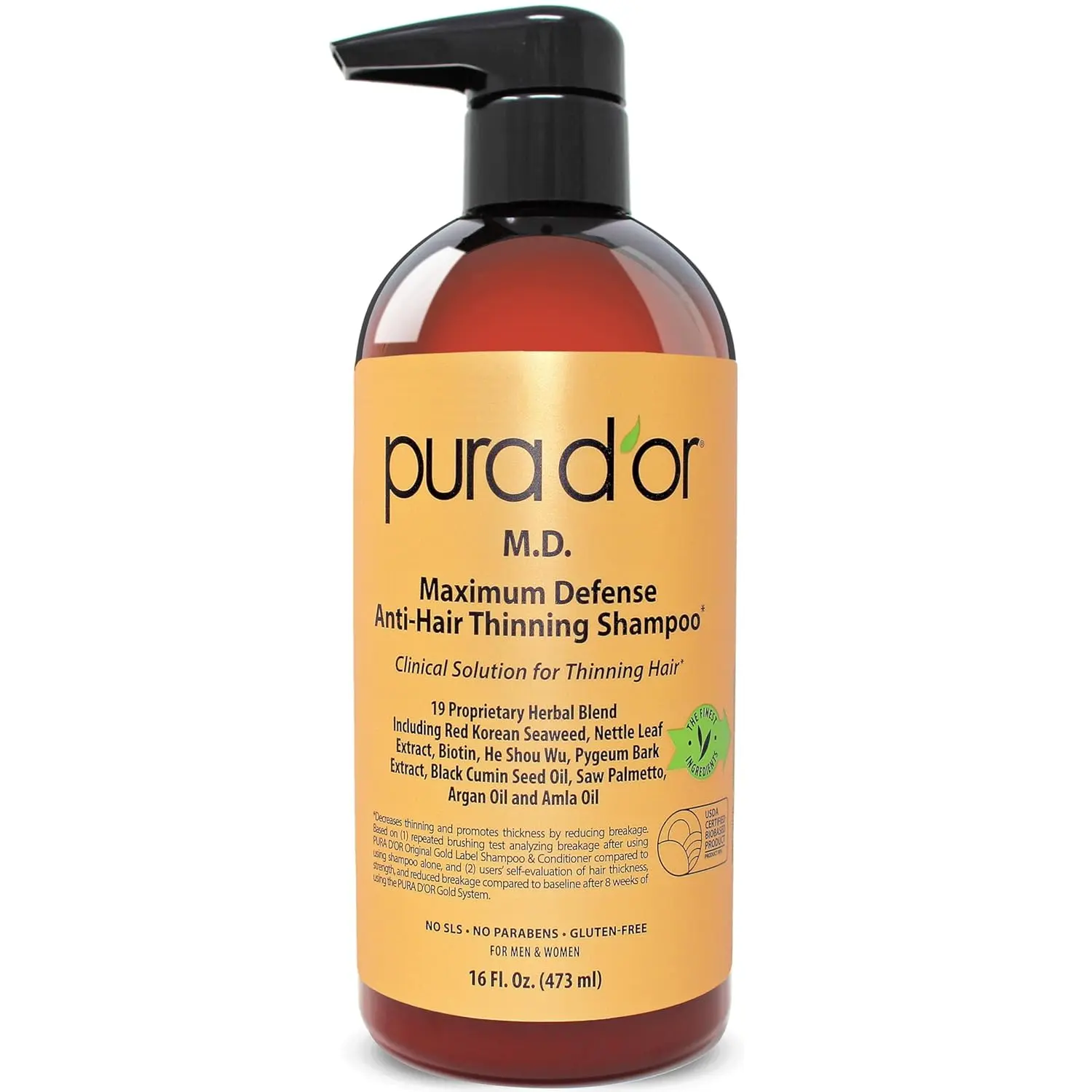 PURA D’OR M.D. Maximum Defense Anti-Hair Thinning Shampoo with Coal Tar 16oz (473ml) –  Strength Biotin Shampoo for Thinning Hair & Dry Itchy Scalp