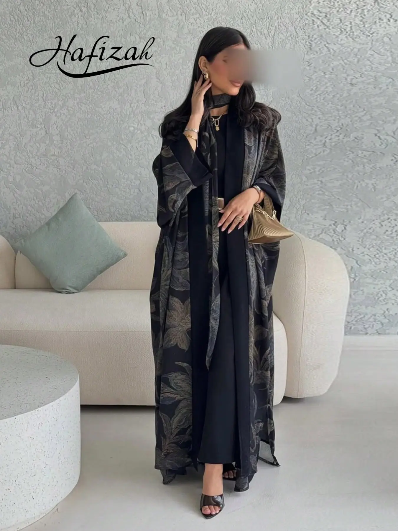 Hafizah Shawl Robe Set with Headscarf, Trendy Chiffon Print Outerwear, Casual Long Coat Two-Piece Abaya Hijab Set, Modest Islamic Abaya, Islamic Modesty Clothes, Muslim Clothing, Modest Muslim Outfits