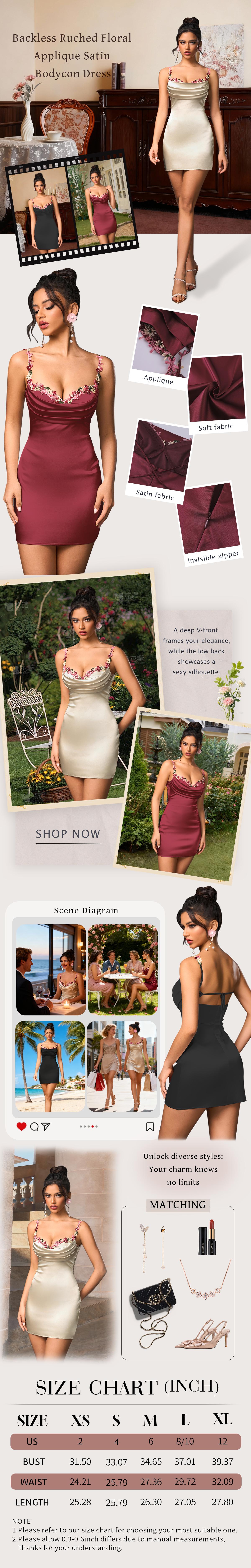 Floral Embroidery Appliques Backless Ruched Satin Cami Long Dress, Fashionable Elegant Date Hip Long Dress SpringStatements