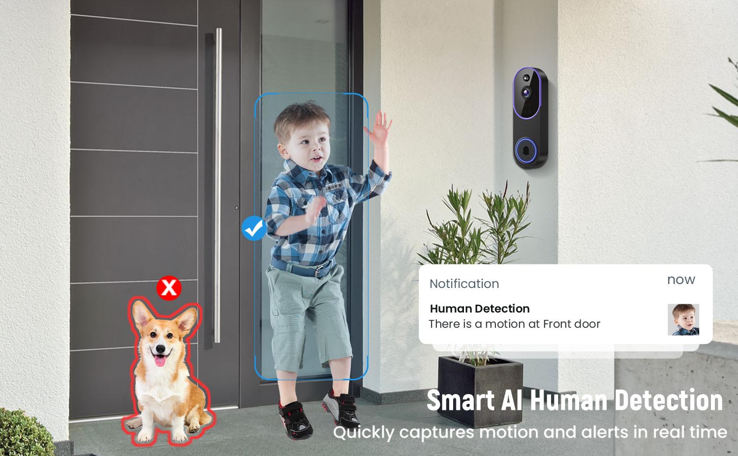 1080P Wireless Video Doorbell Camera, AI Human Detection, Live View, Cloud Storage, Night Vision, Two Way Audio, Instant Alert, 2.4G WiFi Only, Indoor/Outdoor Surveillance Cam for Home Security System(Live View and Cloud Storage require a Subscription)