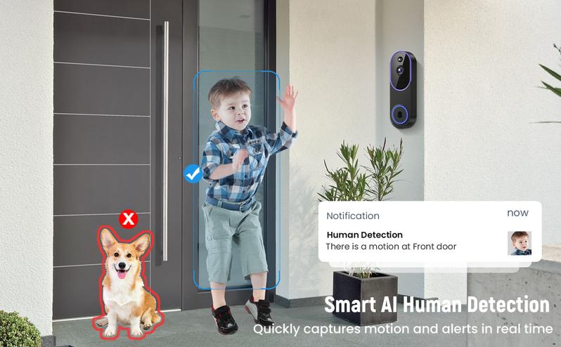 1080P Wireless Video Doorbell Camera, Smart AI Human Detection, FHD Live View, Cloud Storage, Night Vision, Two Way Audio, Instant Alert, 2.4G WiFi Only, Indoor/Outdoor Surveillance Cam for Home Security System