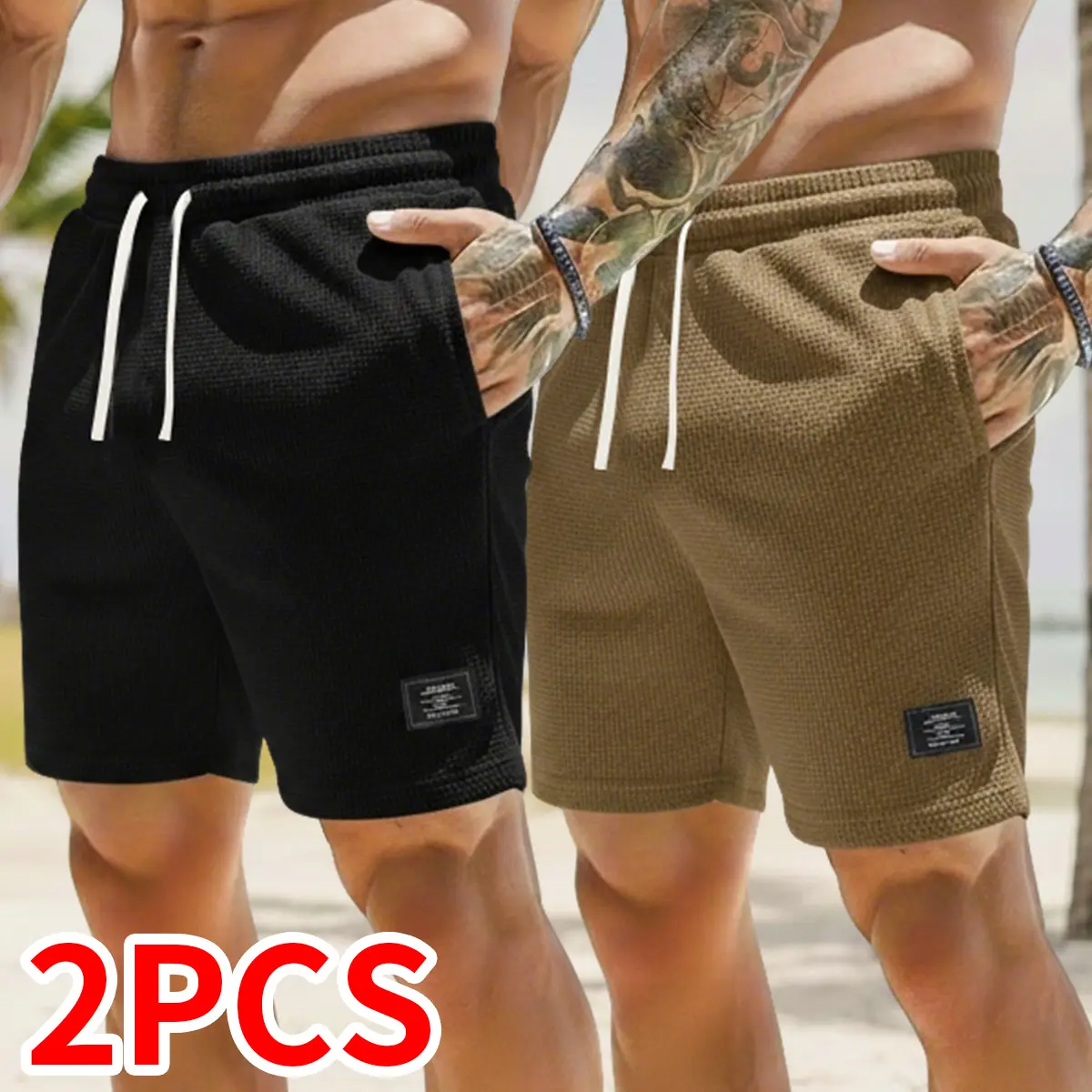 2-Pack men's loose-fitting corduroy shorts, outdoor hiking multi-pocket utility shorts, waist drawstring tooling shorts with side pockets, suitable for outdoor leisure and work in summer Athletic Bottoms Outdoor Casual Shorts