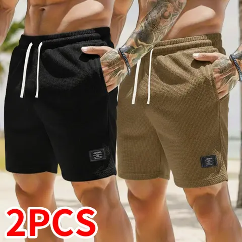 Men's 2-Pack Loose-Fitting Corduroy Cargo Shorts with 3 Pockets - Elastic Waist Drawstring, Outdoor Hiking Utility Bottoms for Summer Leisure & Work, Three Pockets Men's Shorts