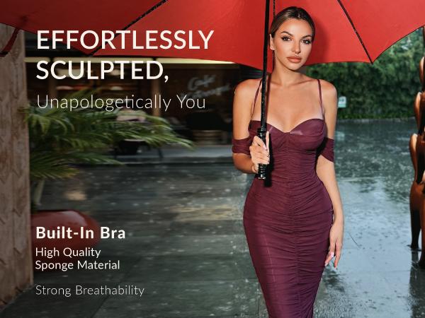 CurvySweet Women's Off-Shoulder Cross Backless Split Bodycon Dress with Built-in Shapewear & Bra Support for Cocktail Parties & Wear Formal Fit Elegant 574