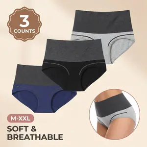 3 Pack Women High Waist Period Underwear, Double Layer Thickened Stretch Waistband, 95% Cotton Breathable Leak Proof Period Panties, Reusable Postpartum Protective Knickers, 3 Colors Available M-XXL