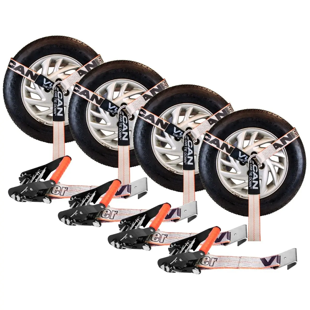 VULCAN Car Tie Down with Flat Hooks - Lasso Style - 2 Inch x 96 Inch - 4 Pack - Silver Series - 3,300 Pound Safe Working Load Adjustable Ropes Hardware Tire Strap Webbing Dolly