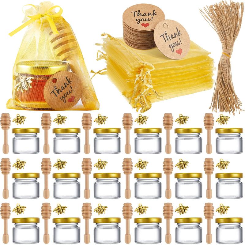50 Pcs Mini Honey Jar Set Baby Shower Prize Glass&Plastic Jars with Wooden Dipper Bee Charms Thank You Cards Burlap fabric Twine String Thank You Gift for Couple Guest,Bridal Shower Baby Shower Party Decorations,Anniversary Birthday Wedding Gifts