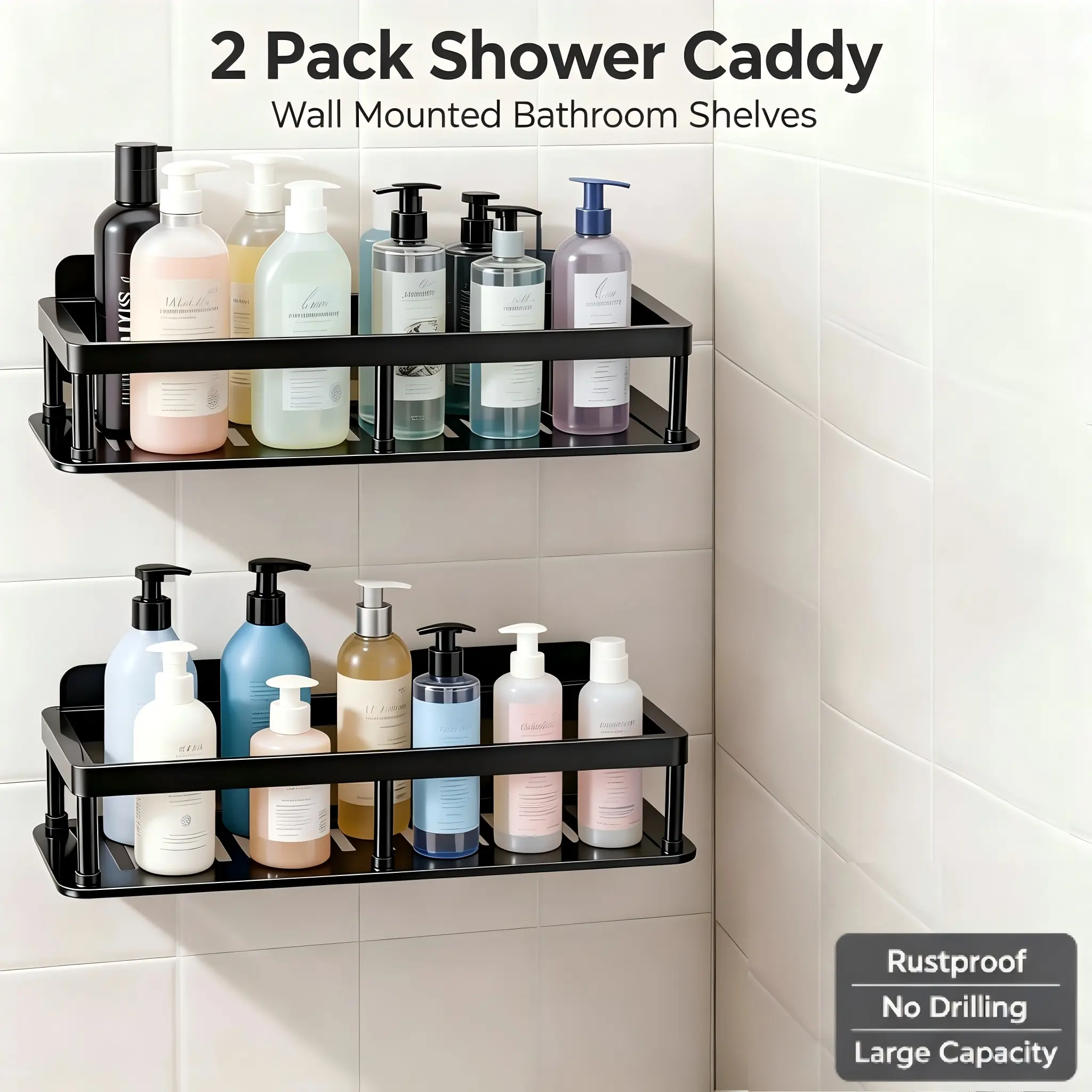2-Pack Black Smooth Floating Wall Mount Shower Caddy, Amazon Bathroom Organizer, Hollow Drain Moistureproof Plastic Shelves with Adhesive Tape, Secure Mount for Heavy Loads, Room for Shampoo and Soap, Inside Shower Accessory, Floating Shelves, Hollow Drai