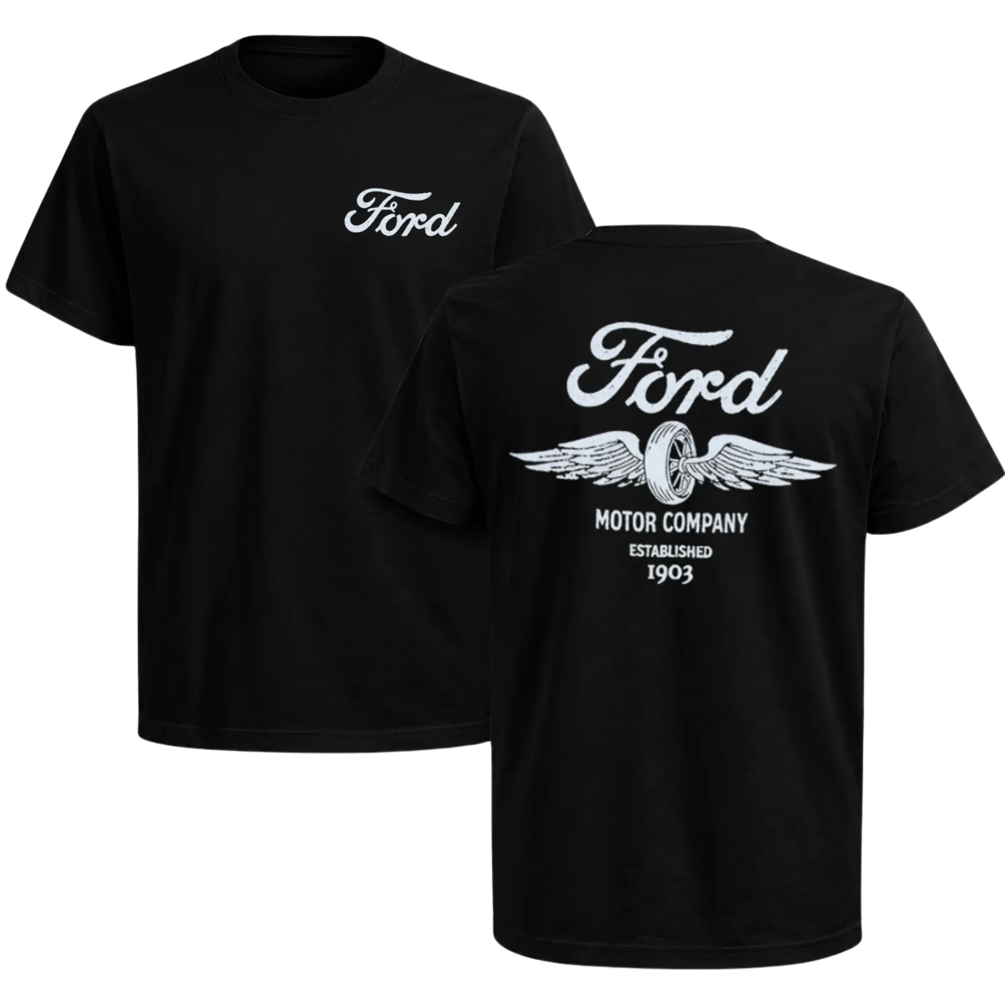 Ford Motor Company 1903 Heritage T-Shirt, Winged Wheel Graphic Tee, Classic Ford Logo Front & Back Print Shirt