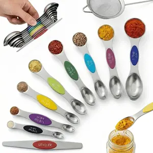 9Pcs Magnetic Measuring Spoons with Leveler – Double-Sided 430 Stainless Steel Set, Color-Coded & Stackable for Easy Storage, Essential Baking Tools