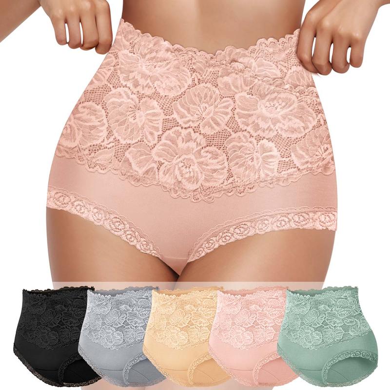 【COTTON】5/7/10 pcs Morelect Women's Solid Color High Waist Briefs,Soft Comfy Breathable Pastel Lace Knicker for Daily Wear, Underwear for All Seasons Womenswear Panties Basic Casual]