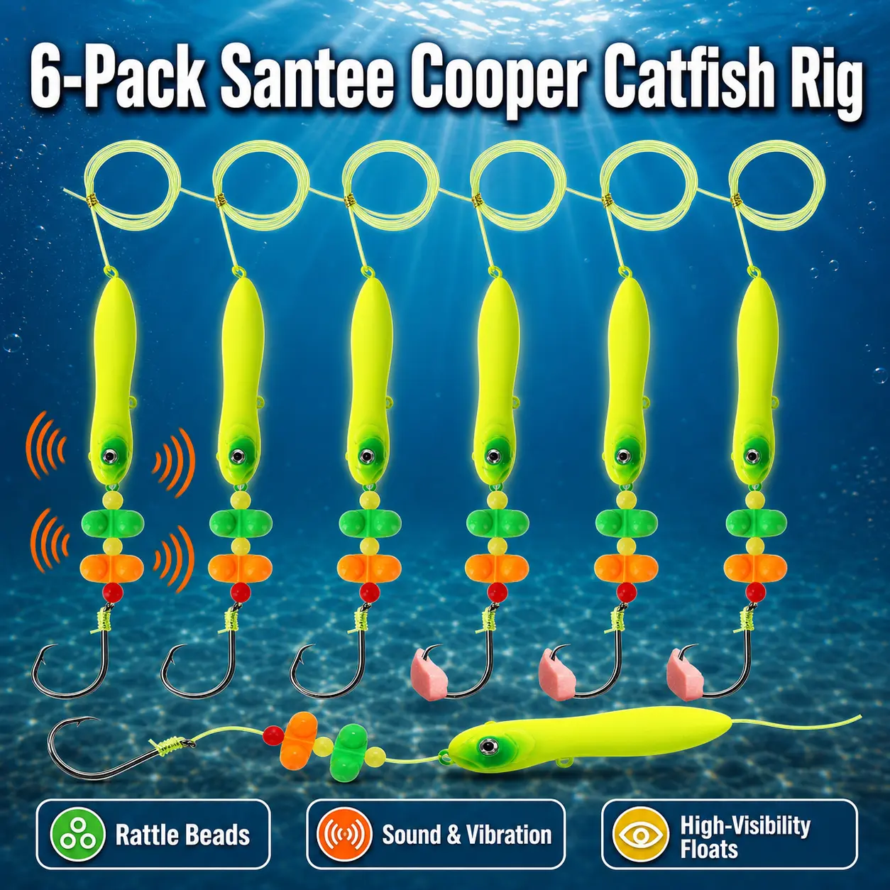 3PCS Catfish Rig-Santee Cooper Style Fishing Gear with Rattle Floats,  6/0, 8/0 Circle Hooks, Perfect for Lake, River, Bank Fishing, Peg Floats, and Catfish-Specific Tackle catfish float rig catfish rig santee santee rig