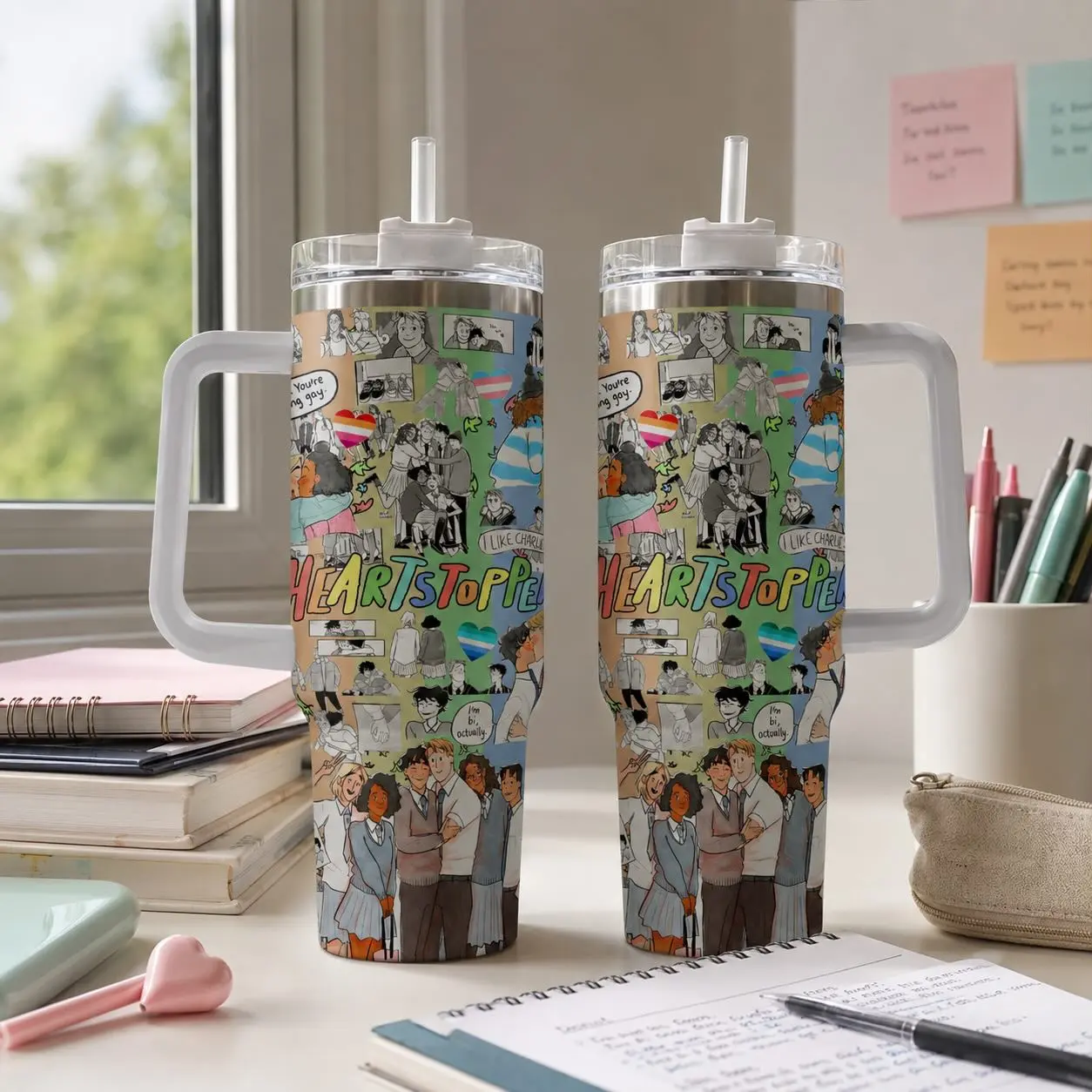 Heartstopper Tumbler, 40oz Insulated Coffee Mug with Handle & Straw, Cute LGBT Comic Book Travel Cup Fan Merch Gift Idea