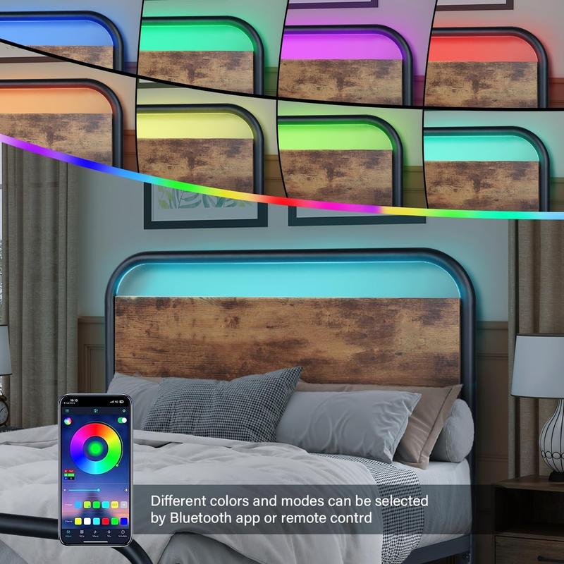 HOMBCK Bed Frame with LED Light Headboard, Mattress not included, Rustic LED Metal Platform Bed, No Box Spring Needed