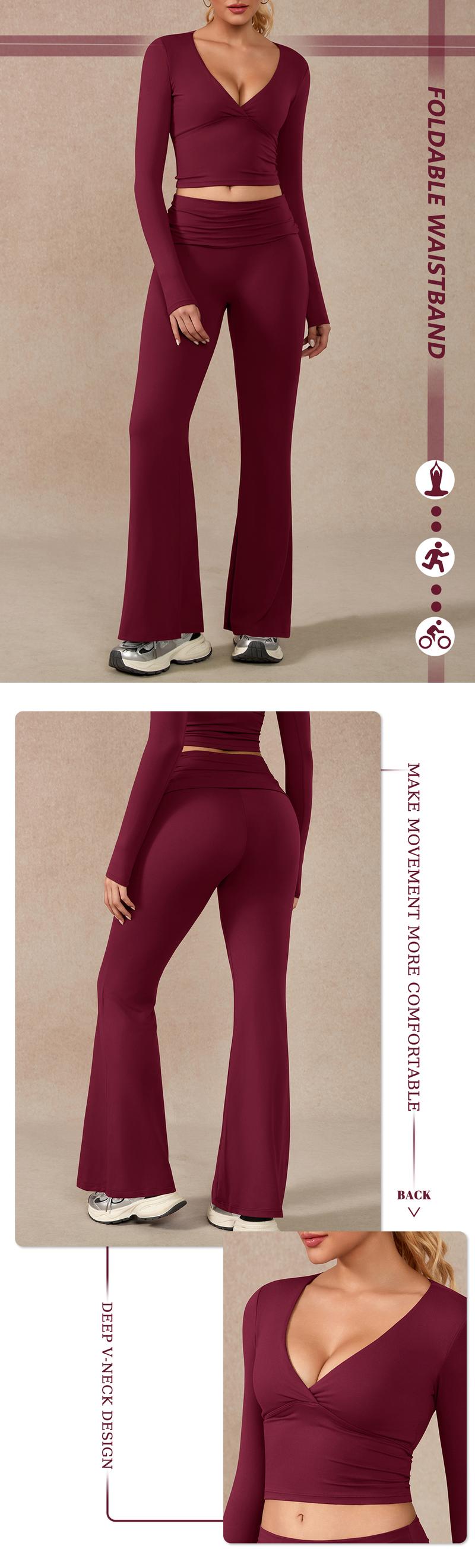 TIMEOFF Women's 2-Piece Long Sleeve Plunging V-Neck Set with Flipped Waist High-Waist Flared Leggings for Gym & Street Yoga Workout Activewear