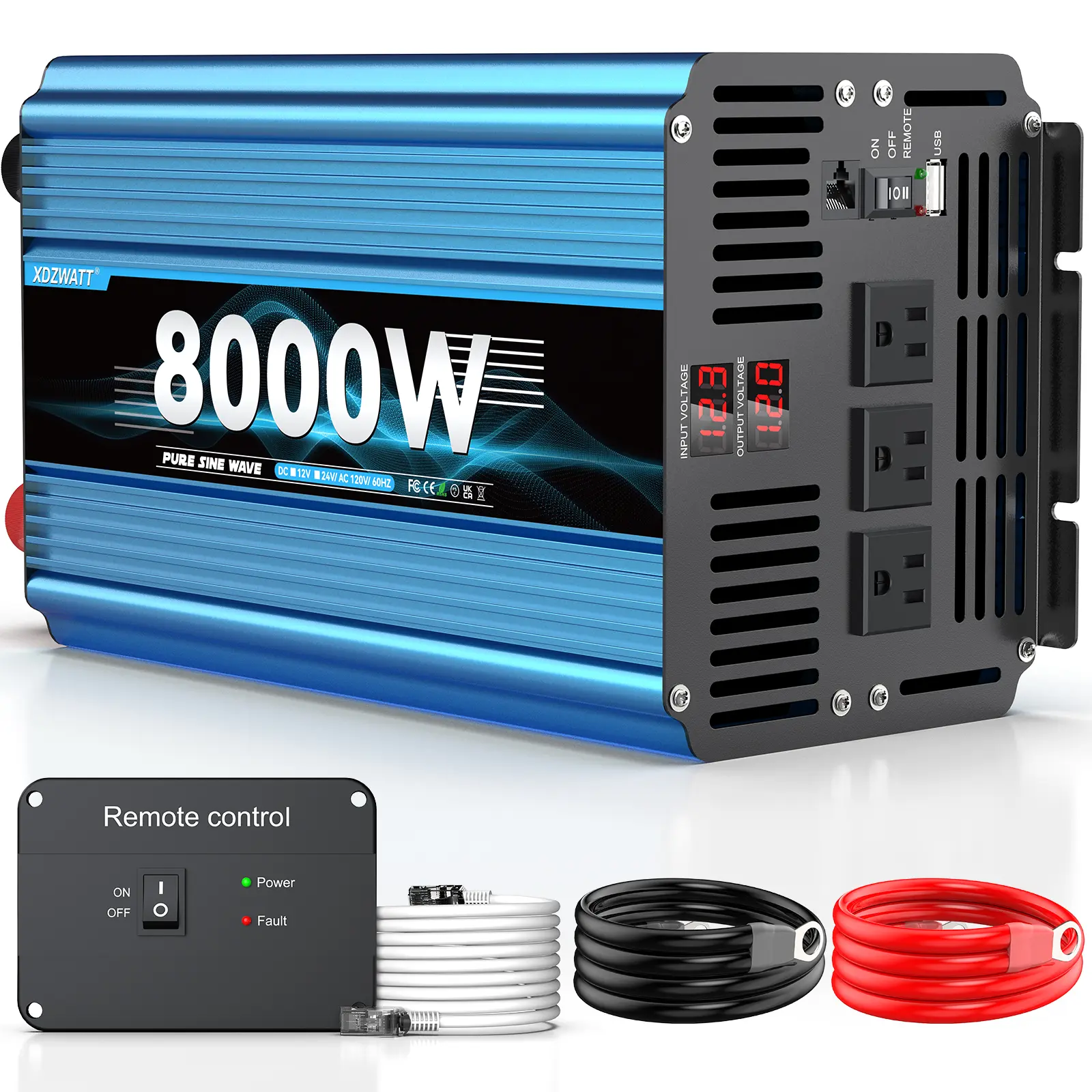 8000W Peak Pure Sine Wave Portable Power Inverter, 2026 New Design, 12V DC to 120V AC Converter, 3 American Standard Sockets, LCD Display, No Battery, Energy Efficient Inverter for Cars, RV, Home Improvement Solar & Wind Power Use, Travel-Friendly, Ac Pow