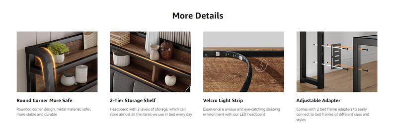 【Valentine's Day gift】ONBRILL Queen/King Size Headboard with 2-Tier Storage, Uphlstered Headboard with LED Light & USB Ports,【HeadBoardOnly】, Height Adjustable, Sturdy and Stable 【Valentine's Day gift】ONBRILL Queen/King Size Headboard with 2-Tier Storage, Uphlstered Headboard with LED Light & USB Ports,【HeadBoardOnly】, Height Adjustable, Sturdy and Stable