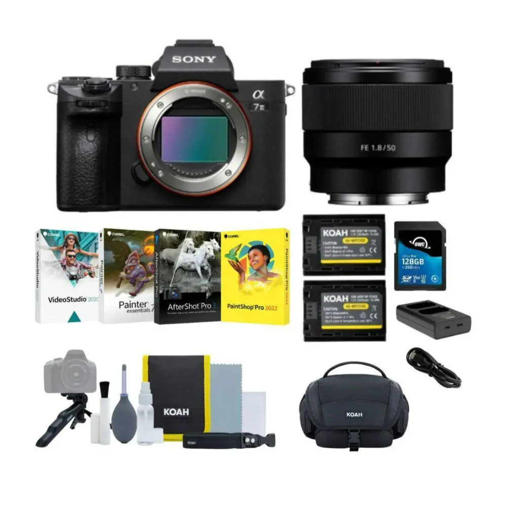 Sony Alpha a7 III Full-Frame Mirrorless Digital Camera with FE 50mm f/1.8 Lens, Accessory Bundle, Eye-AF Tracking, OLED Viewfinder, 10 fps Mechanical Shutter, Silent Shutter Mode for Photo & Video Shooting