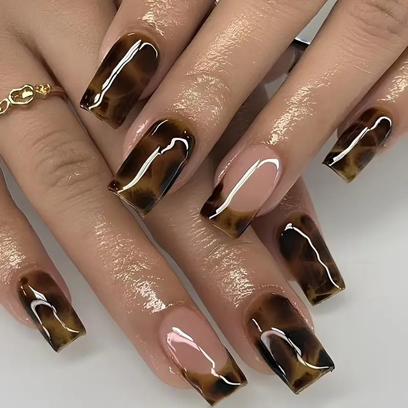 Set of 24 Medium Square Fake Nails, Leopard Print French Design, Fashionable Nail Art, Reusable and Removable, Perfect for Parties