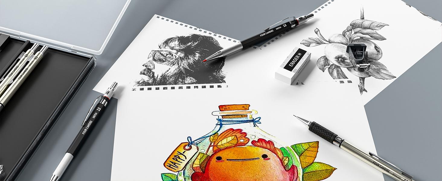 Four Candies 25PCS Art Mechanical Pencil Set with Case 3PCS Metal Artist Lead Pencil 0.5, 0.7, 0.9 mm & 3PCS 2mm Holder (HB 2H 2B 4B Color) with 432PCS Graphite Lead Refills for Drawing Sketching Essential for art students back to school gifts